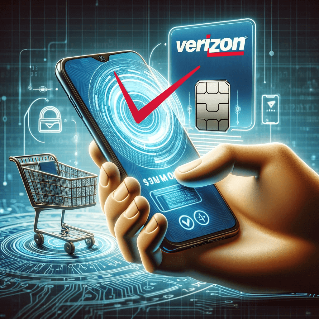 Hand holding smartphone with Verizon logo, online shopping for Verizon SIM card.