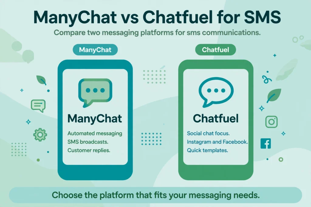 Illustration of two smartphones showing a ManyChat SMS chat bubble and a Chatfuel social chat side by side, titled ManyChat vs Chatfuel for SMS.