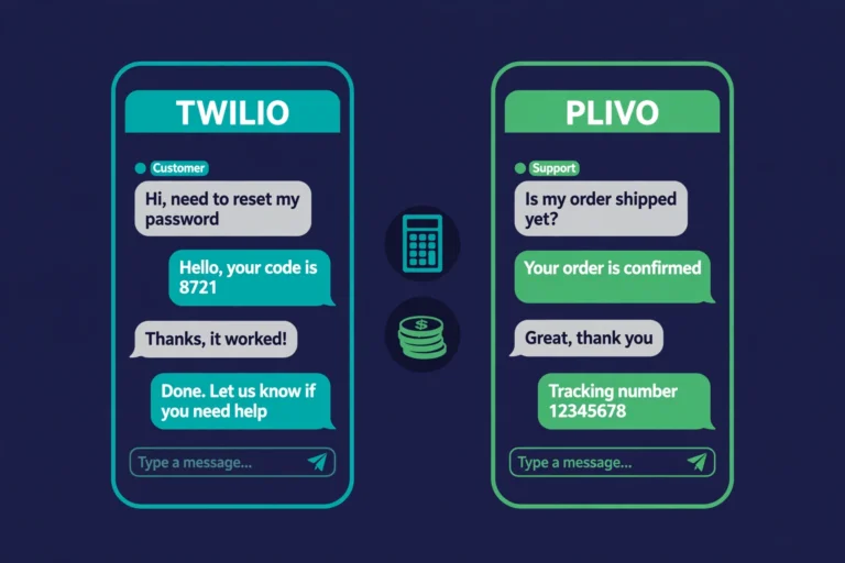 Illustration comparing Twilio and Plivo as SMS API providers in a side-by-side brand layout.