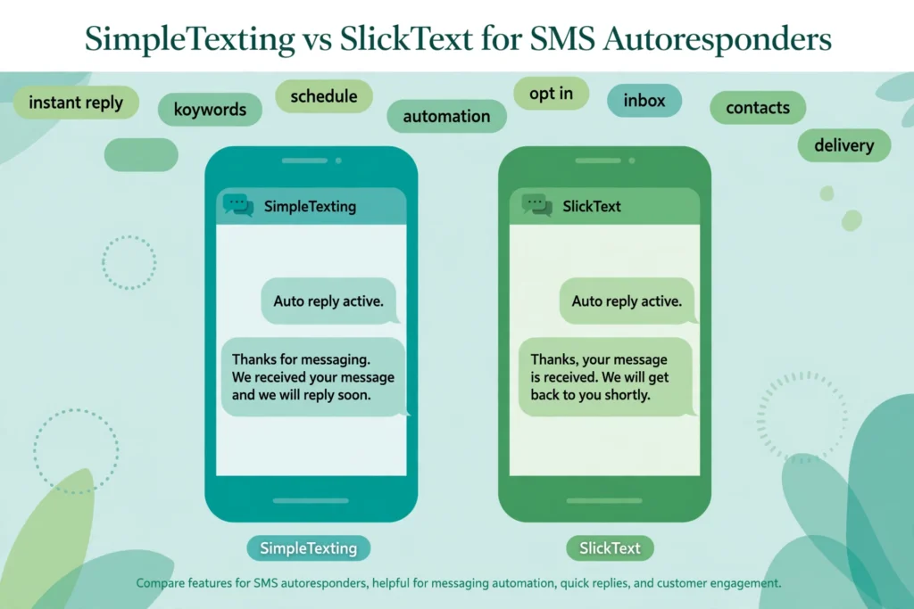 Illustration of two phones running SimpleTexting and SlickText auto replies, with keyword tags like instant reply, schedule and opt in floating above.