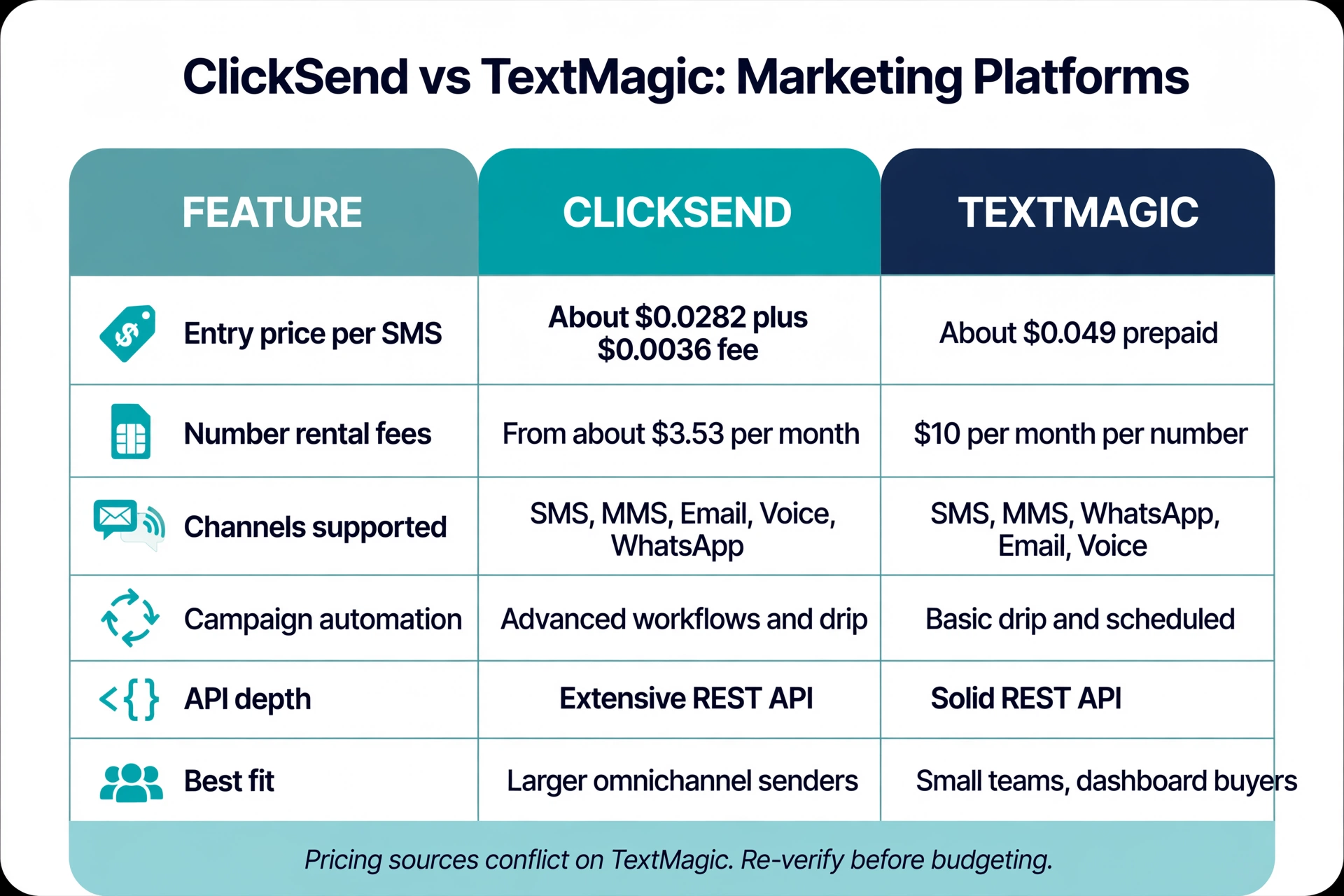 Infographic comparing ClickSend vs TextMagic on pay-as-you-go pricing, dashboard UX, credit expiry, and API onboarding.