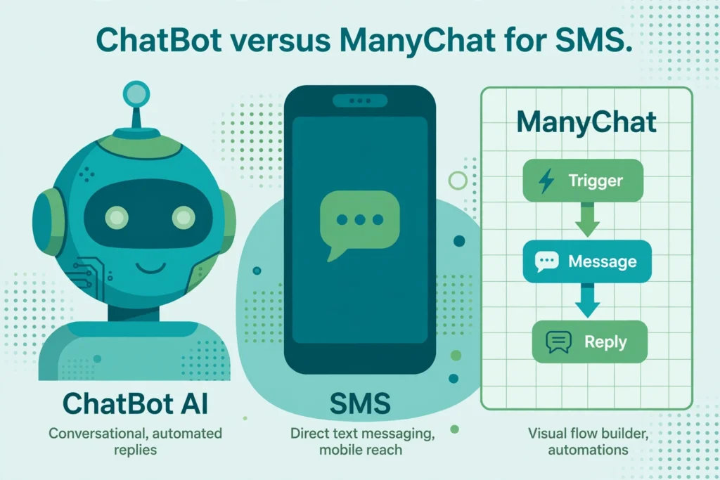 Illustration of a ChatBot AI robot head and a ManyChat visual flow builder with a phone showing an SMS icon between them.