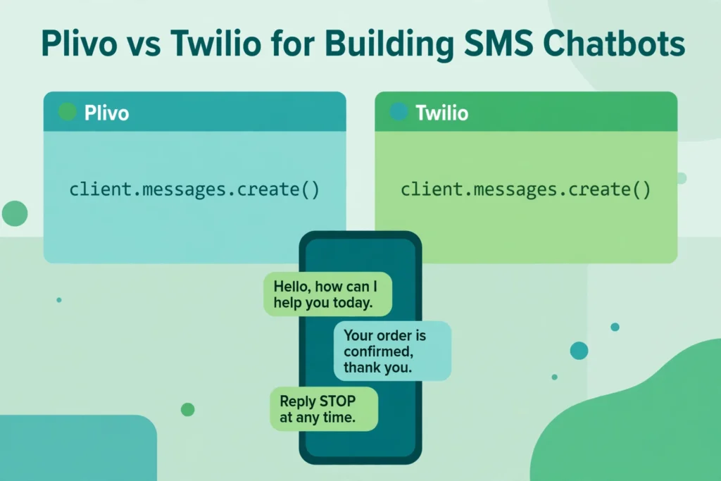 Illustration of two API code windows labeled Plivo and Twilio above a phone showing SMS chat bubbles.
