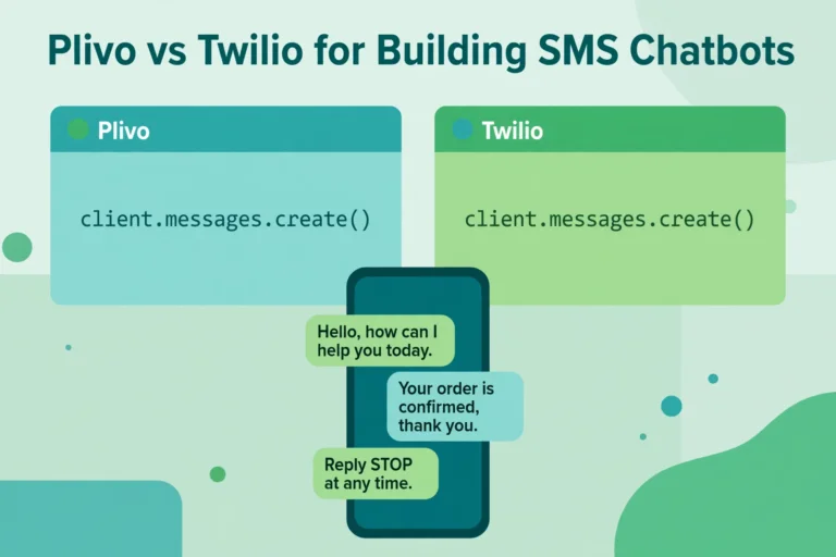 Illustration of two API code windows labeled Plivo and Twilio above a phone showing SMS chat bubbles.