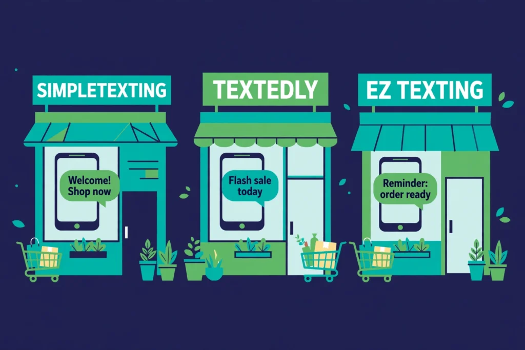 Illustration comparing SimpleTexting, Textedly, and EZ Texting as SMB texting platforms.