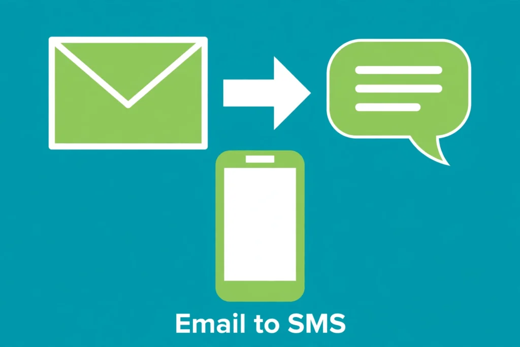 Flat teal and green illustration of an envelope turning into an SMS bubble above a smartphone, labeled Email to SMS.