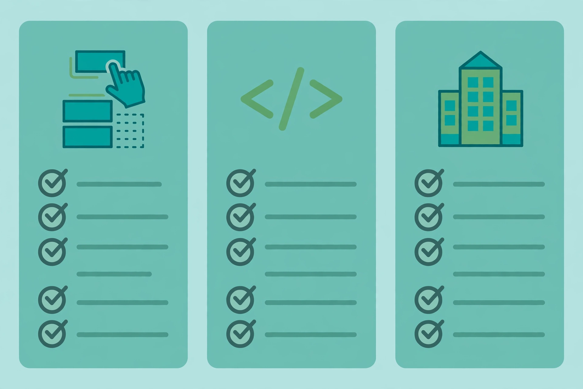 Three-column comparison layout with a builder icon, a code bracket icon, and an office building icon, each with a checklist.