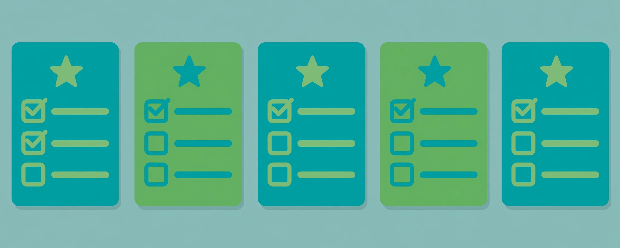 Five generic platform cards, each with a star icon and a checklist, with no brand names or numbers.