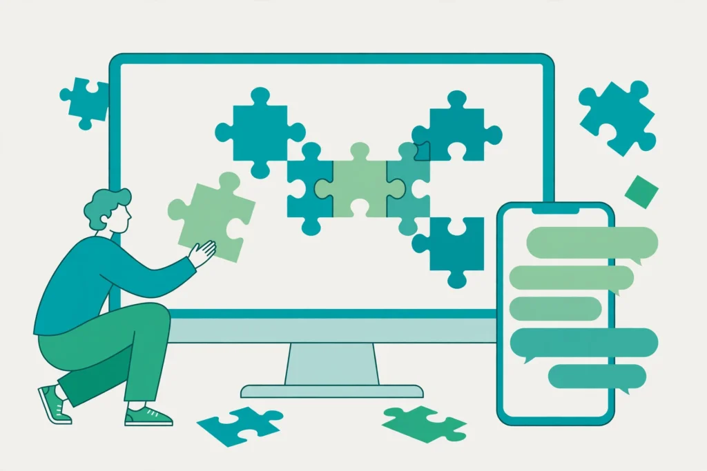 Flat illustration in teal and green of a person assembling puzzle-like blocks on a large screen next to a smartphone with chat bubbles.