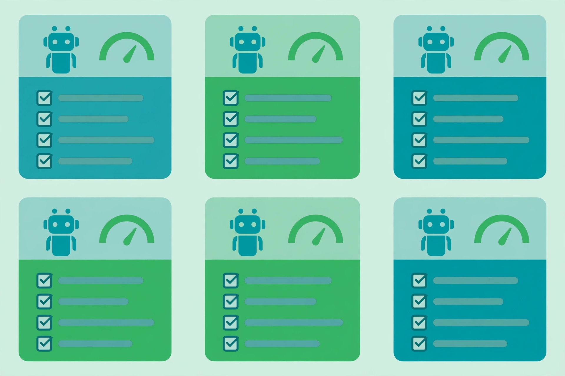 Grid of six generic builder cards, each with a robot icon and a gauge icon, with no brand names or numbers.