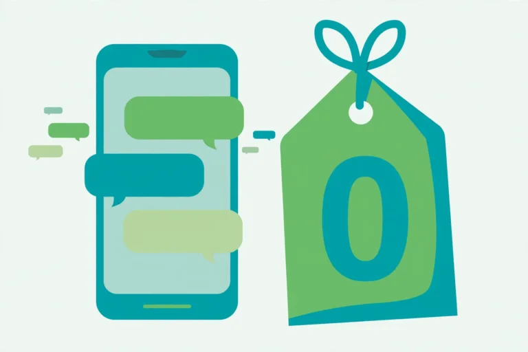 Flat illustration in teal and green of a smartphone with chat bubbles beside a large gift tag with a zero on it.