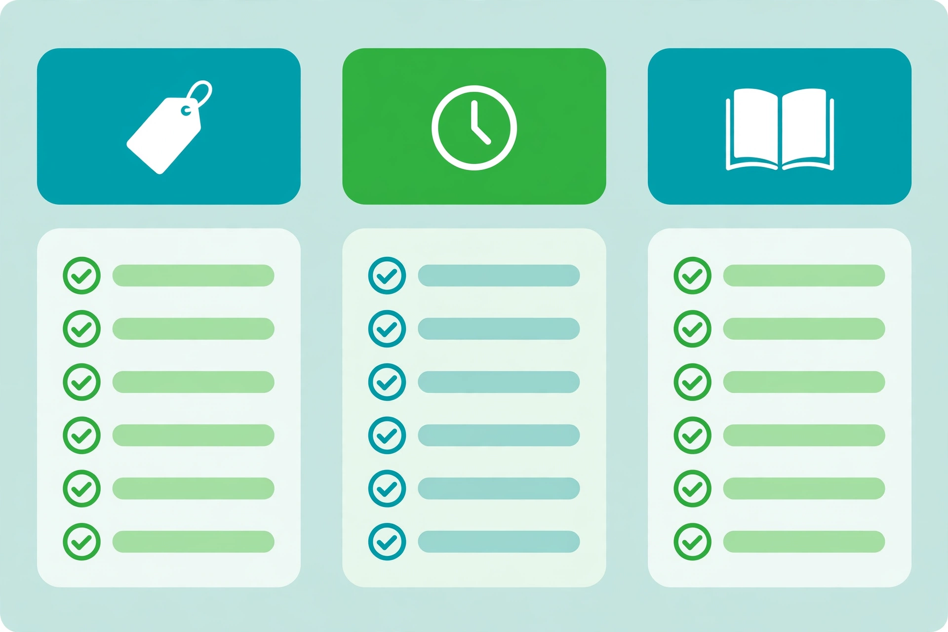 Three-column comparison layout with tag, clock, and book icons separating free plans, free trials, and free software.