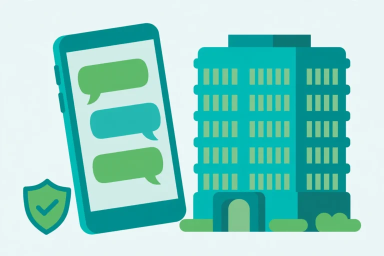 Flat illustration in teal and green of a corporate office building with a smartphone showing chat bubbles and a shield checkmark icon.