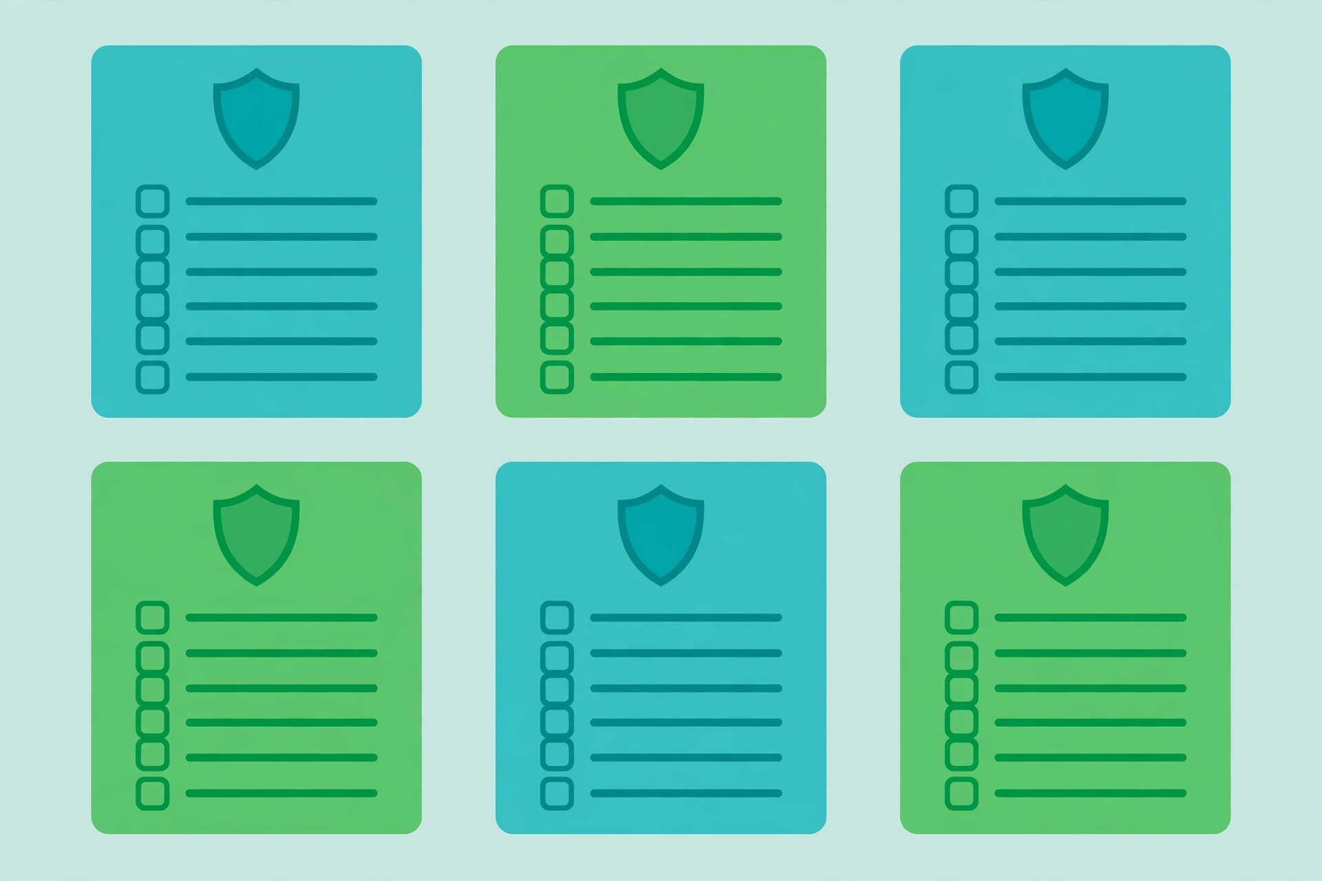 Grid of six generic enterprise platform cards, each with a shield icon and a checklist, with no brand names or numbers.