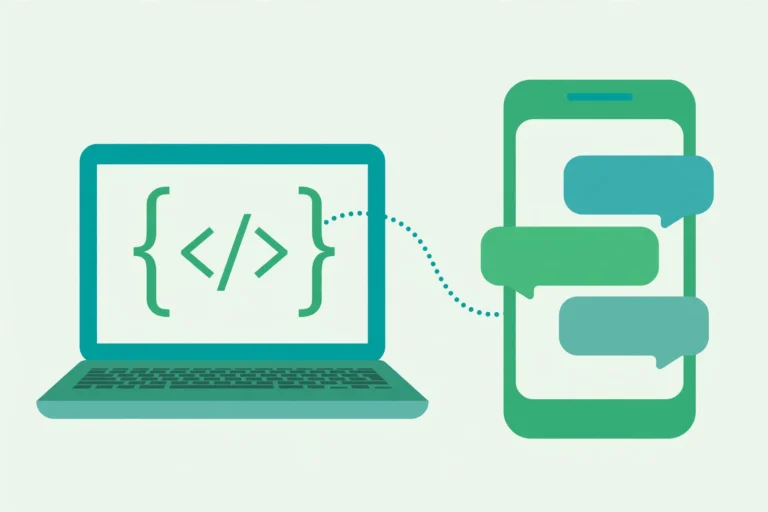 Flat illustration in teal and green of a laptop with code brackets on screen connected by a dotted line to a smartphone with chat bubbles.