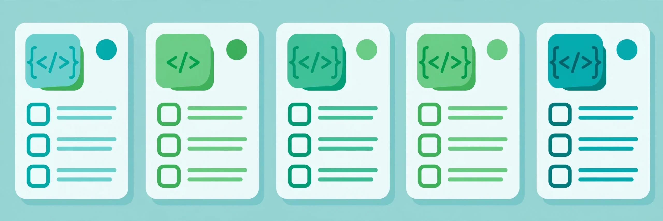 Row of five generic framework cards, each with a code icon and a colored status dot, with no brand names or numbers.