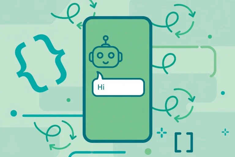 Flat teal and green illustration of a smartphone showing a chat with a friendly robot head, with code brackets and webhook arrows in the background.