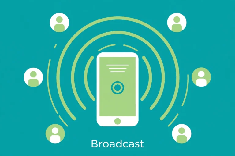 Flat teal and green illustration of a smartphone sending broadcast waves to contact icons, labeled Broadcast.