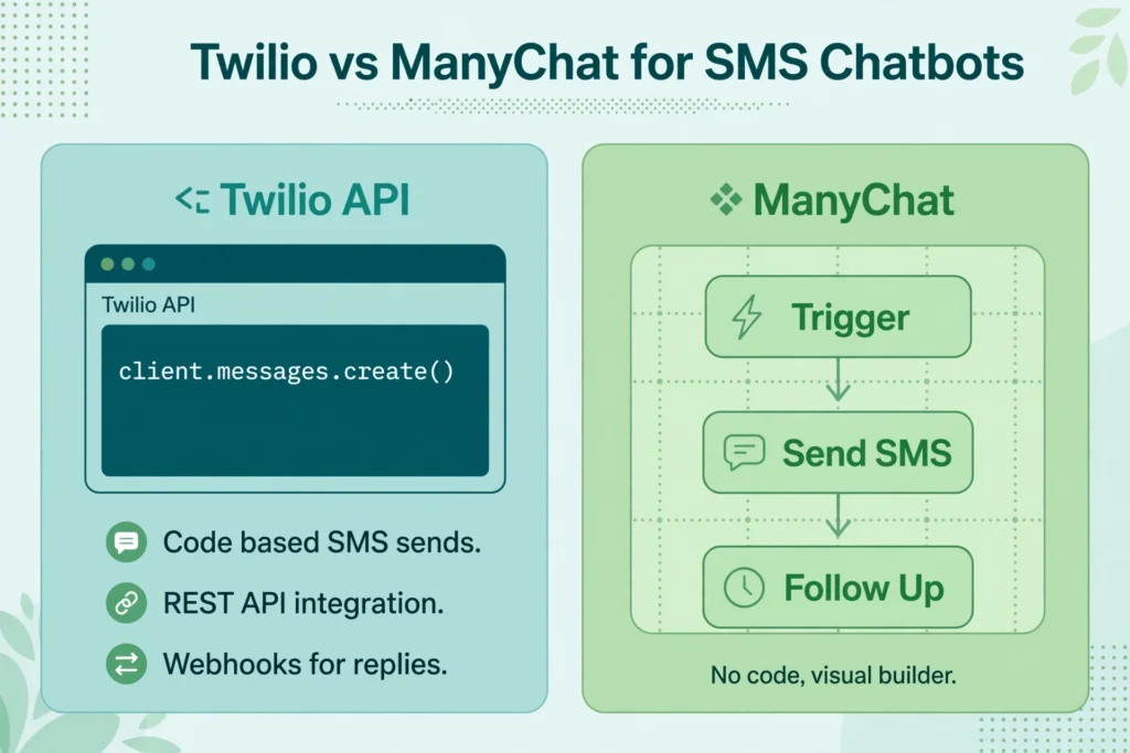 Illustration of a Twilio API code editor beside a ManyChat drag and drop flow builder with trigger, send SMS and follow up blocks.