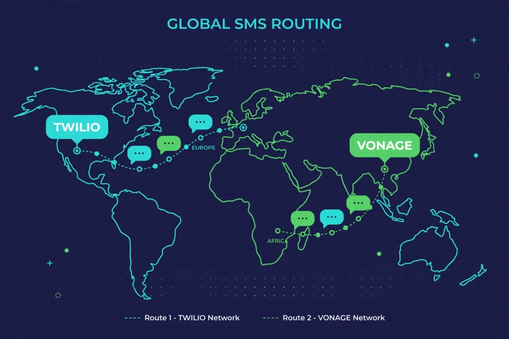 Illustration comparing Twilio and Vonage SMS APIs with US and European routing icons.