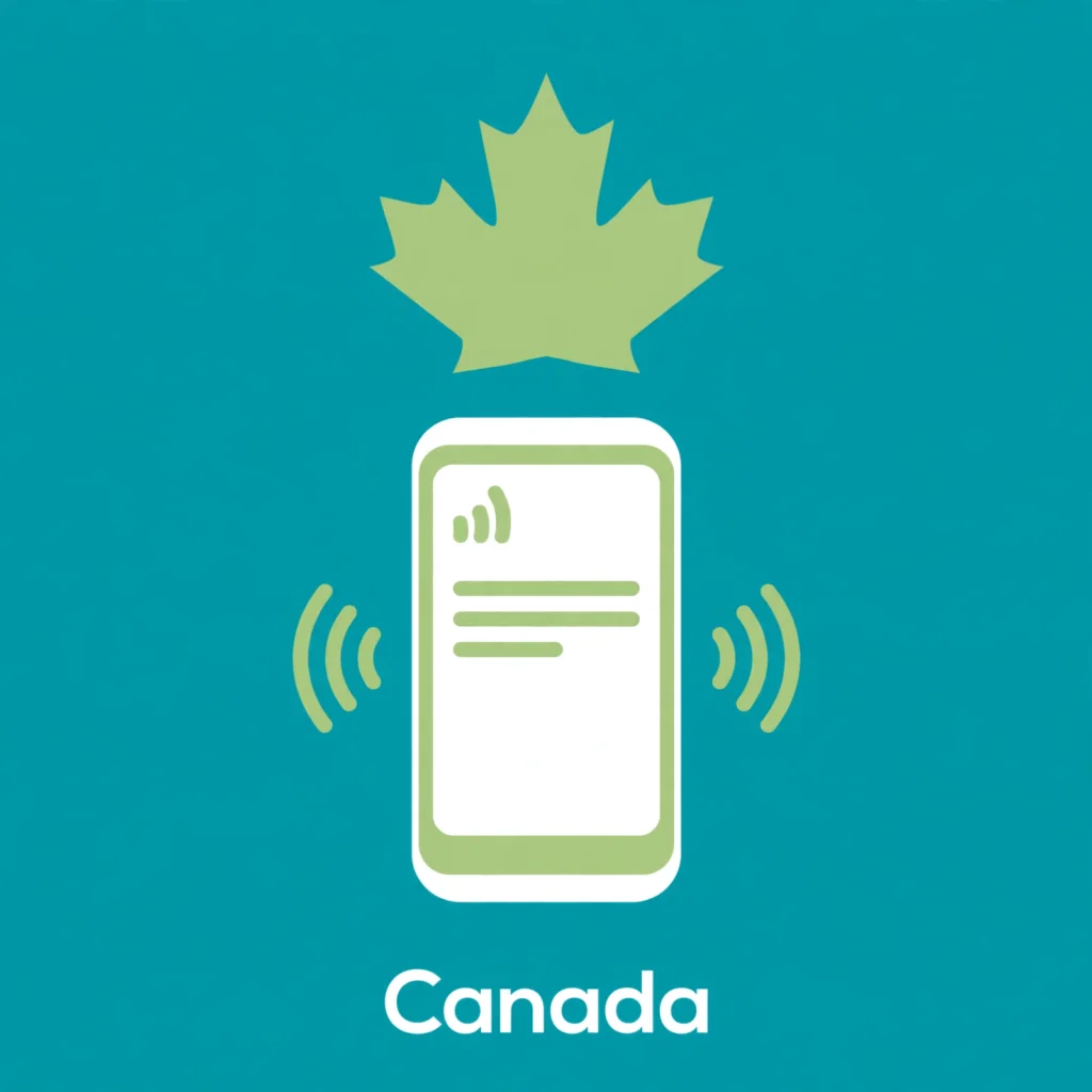 Flat teal and green illustration of a smartphone with a maple leaf, labeled Canada.