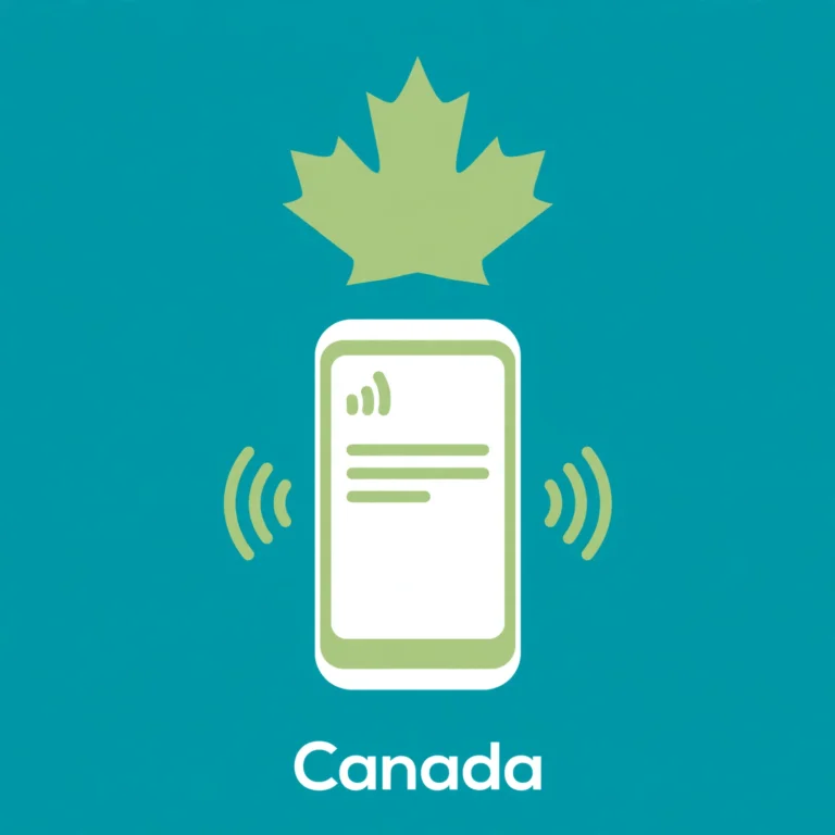 Flat teal and green illustration of a smartphone with a maple leaf, labeled Canada.