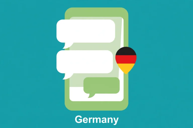 Flat teal and green illustration of a smartphone with chat bubbles and a German flag pin, labeled Germany.