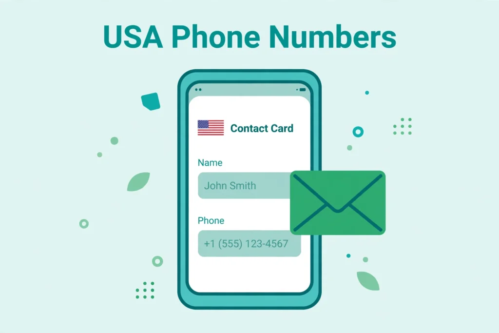 Flat teal illustration of a smartphone showing a USA contact card with name and phone fields, titled USA Phone Numbers.
