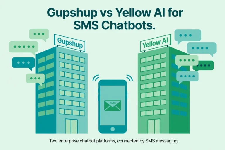 Illustration of two enterprise office buildings labeled Gupshup and Yellow AI with chat bubbles and a phone showing an SMS icon between them.