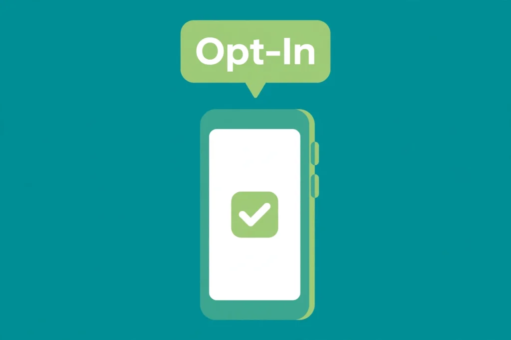 Flat teal illustration of a smartphone with a checked opt-in checkbox and a speech bubble reading Opt-In.