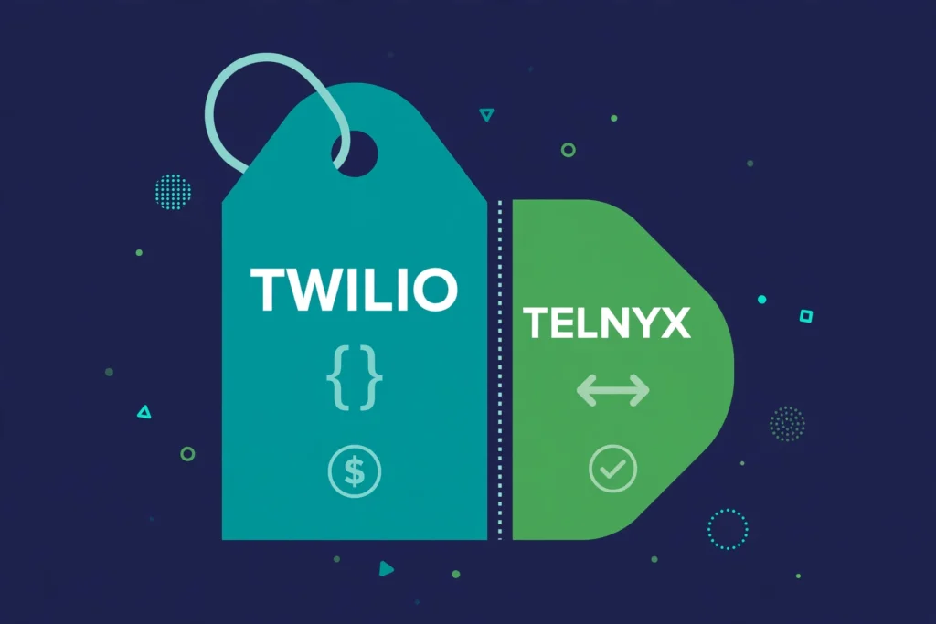 Illustration comparing Twilio and Telnyx with pricing and throughput symbols.