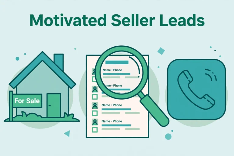 Flat teal illustration of a house with a For Sale sign, a magnifying glass over a contact list, and a phone icon.