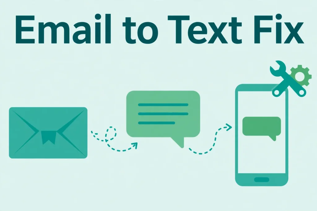 Flat teal illustration showing an envelope turning into a text message on a smartphone, with a wrench and gear, titled Email to Text Fix.