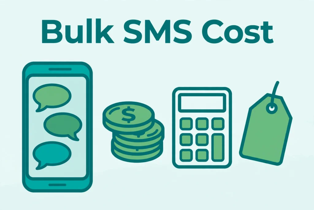 Flat teal illustration of a smartphone with message bubbles, coins, a calculator, and a price tag, titled Bulk SMS Cost.