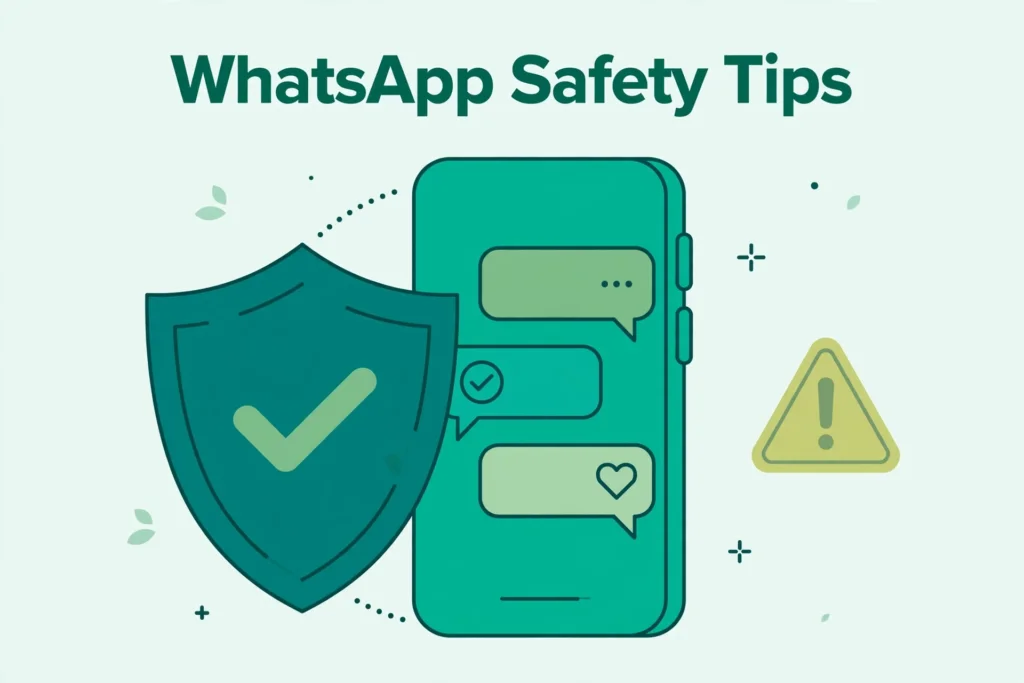 Flat teal illustration of a shield with a checkmark protecting a smartphone with chat bubbles, titled WhatsApp Safety Tips.