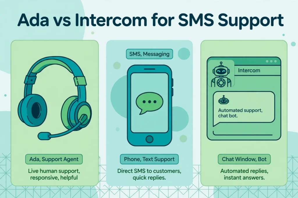 Illustration of an Ada support agent headset, a phone with an SMS icon, and an Intercom chat window with a robot icon.