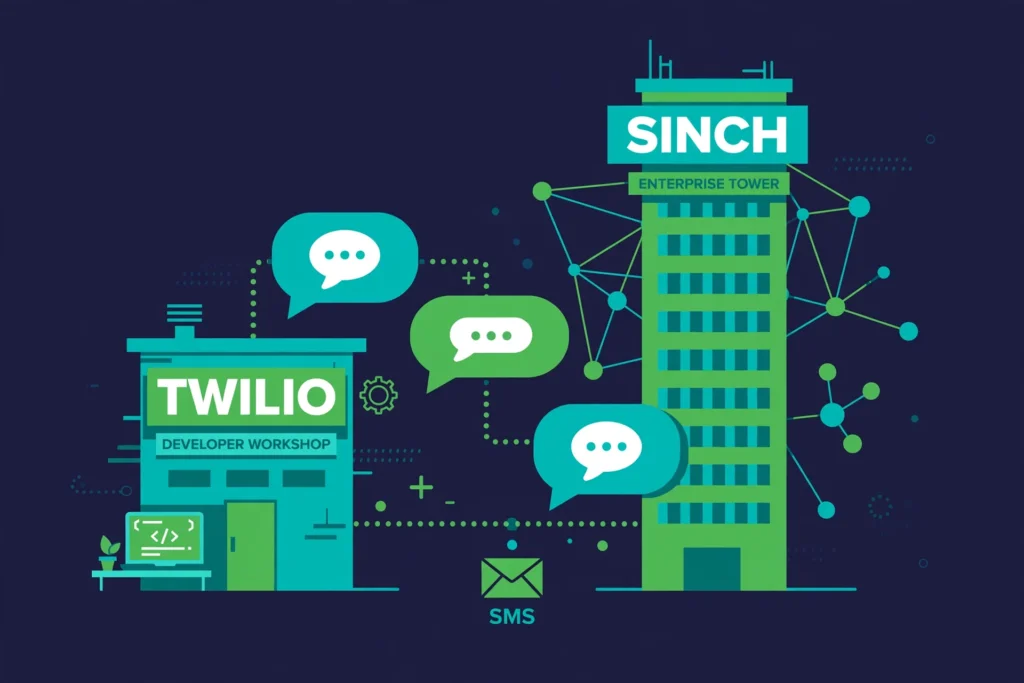 Illustration comparing Twilio and Sinch for enterprise SMS with corporate messaging icons.