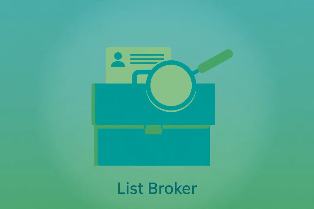 Flat illustration of a briefcase with a contact card and magnifying glass representing a list broker.