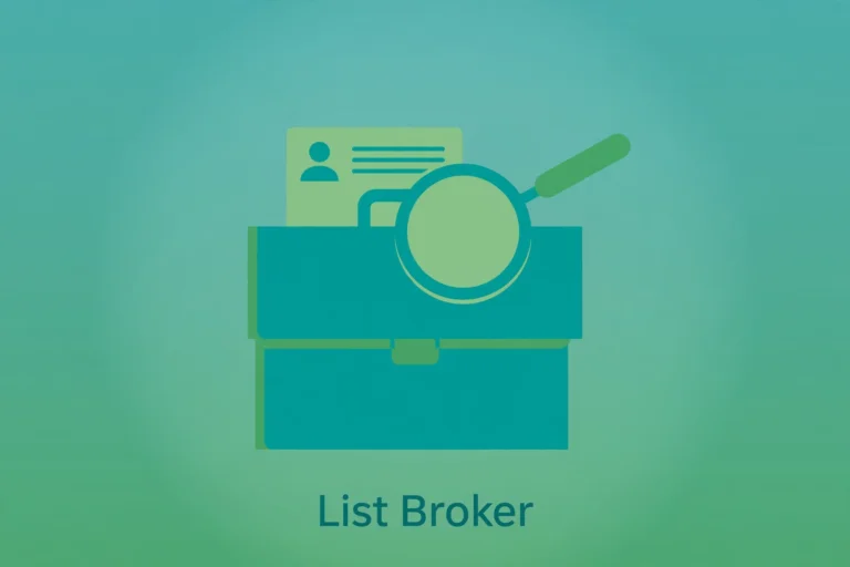 Flat illustration of a briefcase with a contact card and magnifying glass representing a list broker.