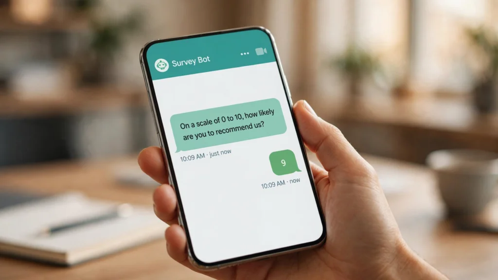 Phone screen showing a one-question SMS survey with tap-to-answer options.