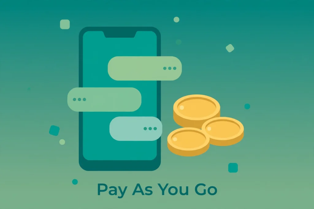 Flat illustration of a smartphone with chat bubbles and coins representing pay-as-you-go SMS pricing.