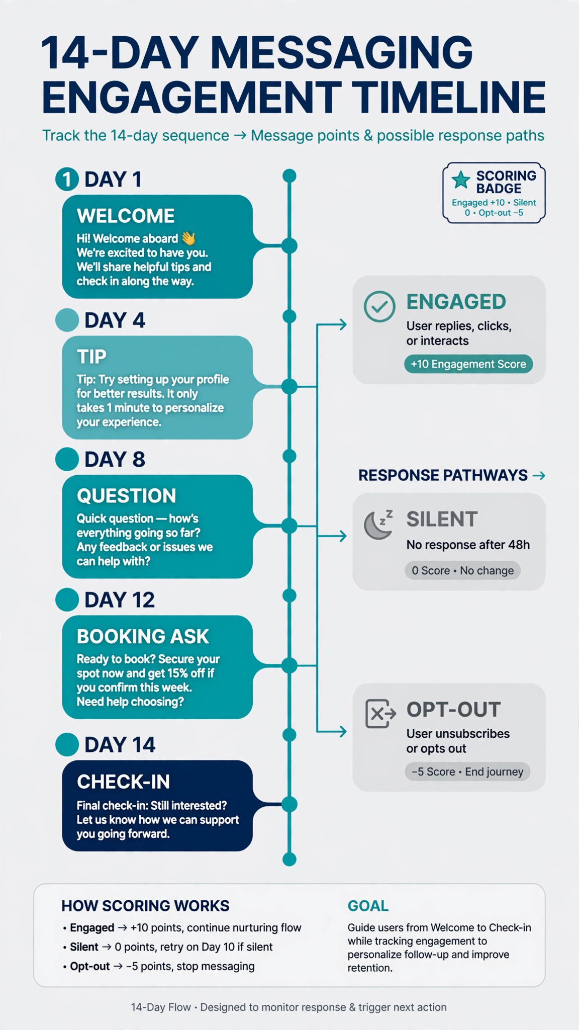 Infographic mapping the 14-day SMS nurturing sequence with reply branching and engagement scoring.