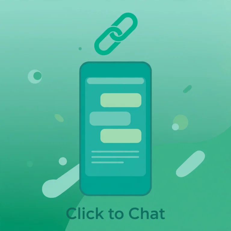 Flat illustration of a phone showing a chat screen with a link icon for Click to Chat.