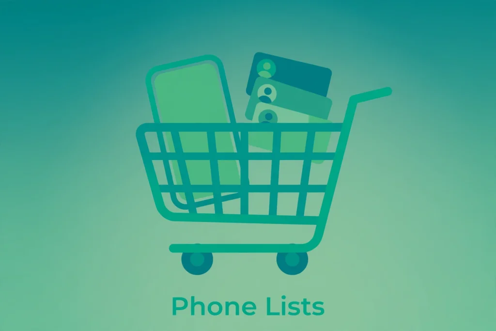 Flat illustration of a shopping cart holding a smartphone and contact cards representing phone lists.