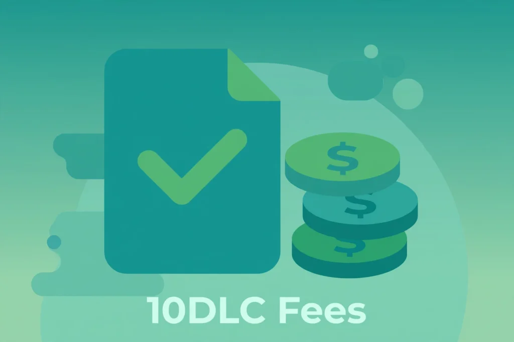 Flat illustration of a checked document beside a stack of coins representing 10DLC fees.