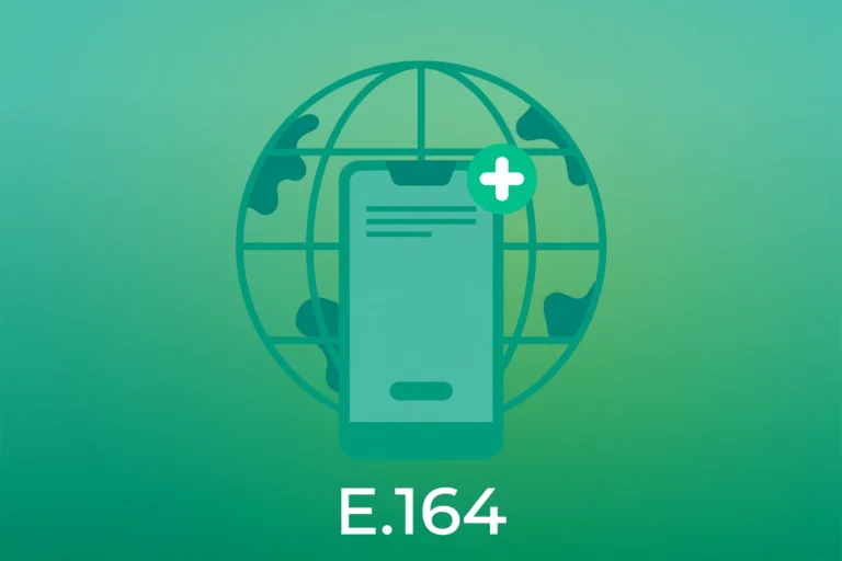 Flat illustration of a smartphone in front of a globe representing the E.164 international number format.