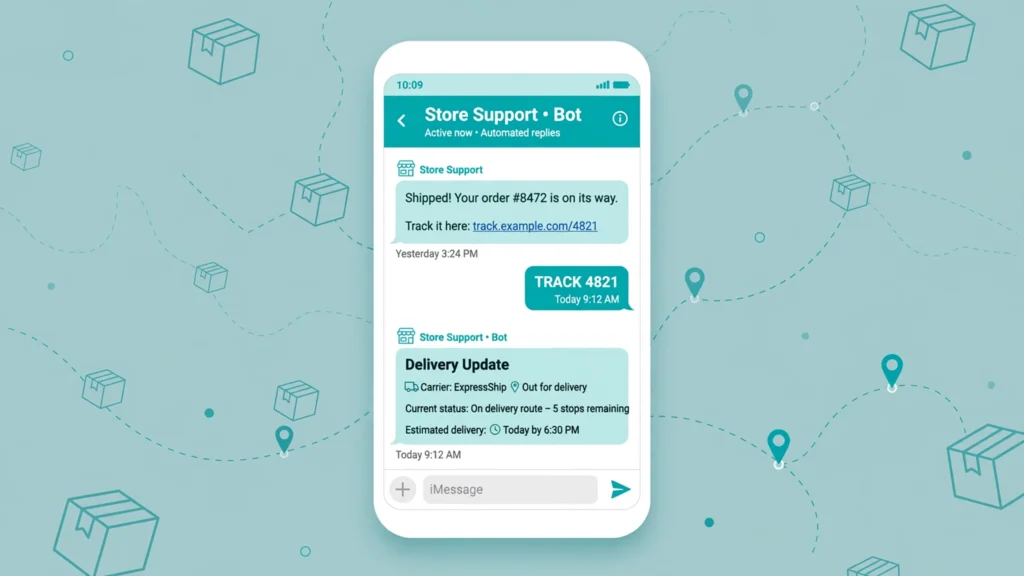 Ecommerce parcel tracking timeline with SMS status updates at each shipping stage.