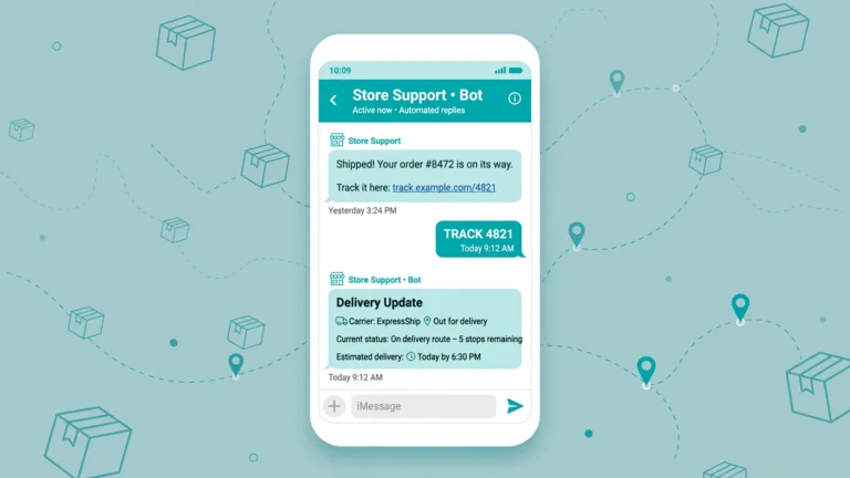 Ecommerce parcel tracking timeline with SMS status updates at each shipping stage.