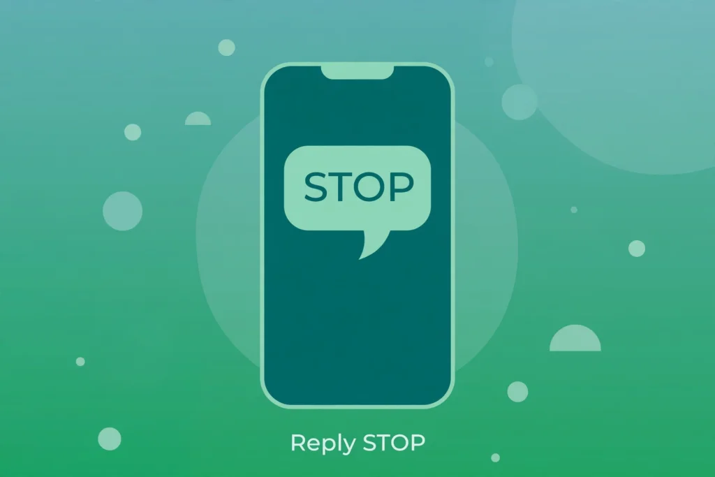 Flat illustration of a smartphone showing a chat bubble with the word STOP for SMS opt-outs.