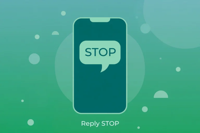 Flat illustration of a smartphone showing a chat bubble with the word STOP for SMS opt-outs.